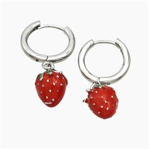 Copper Strawberry Hoop Earrings Red Enamel Platinum Plated, approx 8-10mm, 14mm dia
