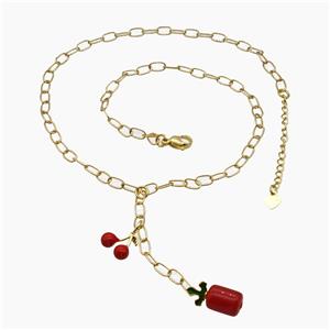 Copper Cherry Necklace Red Enamel Gold Plated, approx 12mm, 8-18mm, 45cm length