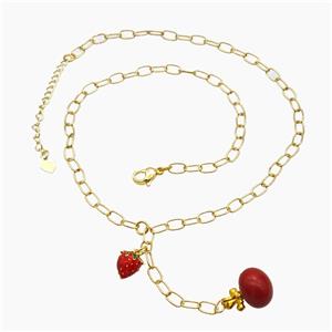Copper Strawberry Necklace Red Enamel Gold Plated, approx 8-10mm, 12-17mm, 45cm length