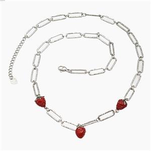 Copper Strawberry Necklace Red Enamel Platinum Plated, approx 8-10mm, 6-15mm, 48-53cm length