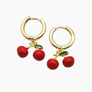 Copper Cherry Hoop Earrings Red Enamel Gold Plated, approx 10-15mm, 14mm dia