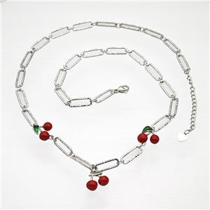 Copper Cherry Necklace Red Enamel Platinum Plated, approx 10-12mm, 6-15mm, 48-53cm length