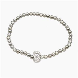 Copper Ball Bracelet With Letter-B Pave Zirconia Stretchy Platinum Plated, approx 8-10mm, 4mm, 16cm length