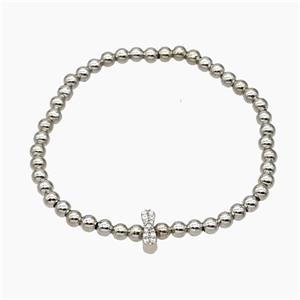 Copper Ball Bracelet With Letter-I Pave Zirconia Stretchy Platinum Plated, approx 8-10mm, 4mm, 16cm length