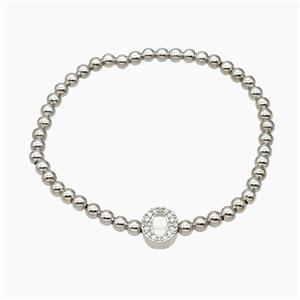 Copper Ball Bracelet With Letter-O Pave Zirconia Stretchy Platinum Plated, approx 8-10mm, 4mm, 16cm length