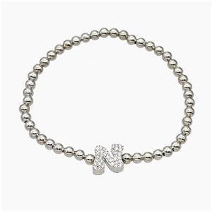 Copper Ball Bracelet With Letter-N Pave Zirconia Stretchy Platinum Plated, approx 8-10mm, 4mm, 16cm length