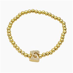 Copper Ball Bracelet With Letter-E Pave Zirconia Stretchy Gold Plated, approx 8-10mm, 4mm, 16cm length