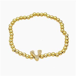 Copper Ball Bracelet With Letter-V Pave Zirconia Stretchy Gold Plated, approx 8-10mm, 4mm, 16cm length