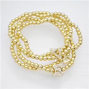 Copper Ball Bracelet With Letters Pave Zirconia Stretchy Gold Plated Mixed, approx 8-10mm, 4mm, 16cm length