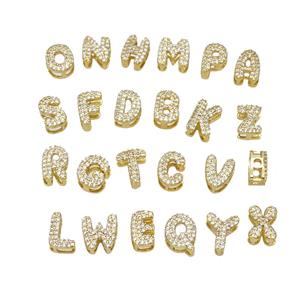 Copper Alphabet Beads Pave Zirconia Gold Plated Mixed Letters, approx 6-8mm