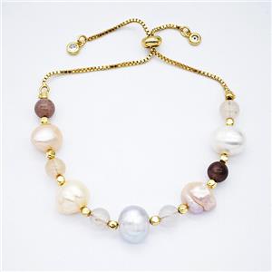 Pearl And Gemstone Bracelet Adjustable Copper Gold Plated, approx 10-12mm