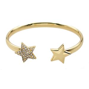 Copper Open Cuff Star Bangles Pave Zirconia 18K Gold Plated, approx 18mm, 60-65mm dia