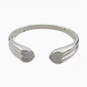 Copper Open Cuff Heart Bangles Pave Zirconia Platinum Plated, approx 13mm, 55mm dia