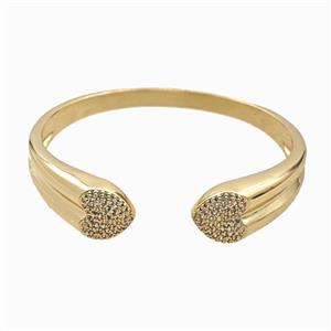 Copper Open Cuff Heart Bangles Pave Zirconia 18K Gold Plated, approx 13mm, 55mm dia