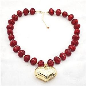 Red Resin Necklace With Heart Pendant Gold Plated, approx 35-45mm, 13-16mm, 40cm length