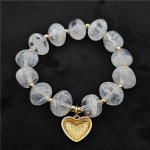 White Resin Bracelet With Heart Pendant Stretchy Gold Plated, approx 18mm, 13-16mm, 24cm length