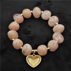 Peach Resin Bracelet With Heart Pendant Stretchy Gold Plated, approx 18mm, 13-16mm, 24cm length