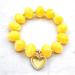 Yellow Resin Bracelet With Heart Pendant Stretchy Gold Plated, approx 18mm, 13-16mm, 24cm length