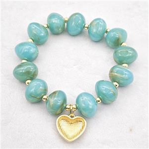 Teal Resin Bracelet With Heart Pendant Stretchy Gold Plated, approx 18mm, 13-16mm, 24cm length