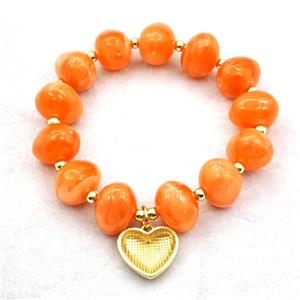 Orange Resin Bracelet With Heart Pendant Stretchy Gold Plated, approx 18mm, 13-16mm, 24cm length