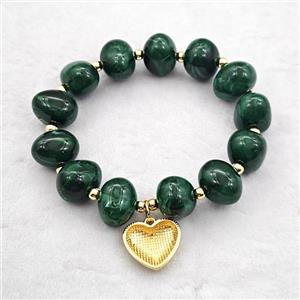 Darkgreen Resin Bracelet With Heart Pendant Stretchy Gold Plated, approx 18mm, 13-16mm, 24cm length