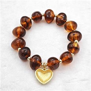 Ambercoffee Resin Bracelet With Heart Pendant Stretchy Gold Plated, approx 18mm, 13-16mm, 24cm length