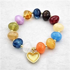 Resin Bracelet With Heart Pendant Stretchy Multicolor Gold Plated, approx 18mm, 13-16mm, 24cm length