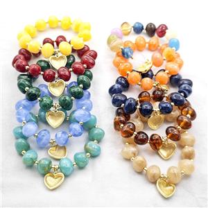 Resin Bracelet With Heart Pendant Stretchy Gold Plated Mixed, approx 18mm, 13-16mm, 24cm length