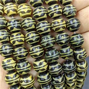 Black Tibetan Agate Round Beads Yellow, approx 12mm, 32pcs per st