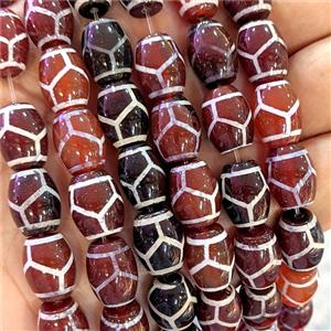 Tibetan Agate Barrel Beads Red Dye Tortoise, approx 10-14mm, 25pcs per st