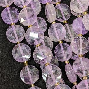 Natural Amethyst Coin Beads Faceted Lt.purple, approx 15mm