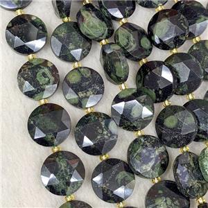 Natural Green Kambaba Jasper Coin Beads Faceted, approx 15mm