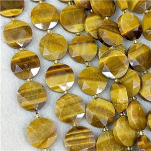 Natural Tiger Eye Stone Coin Beads Faceted Flat Round, approx 15mm