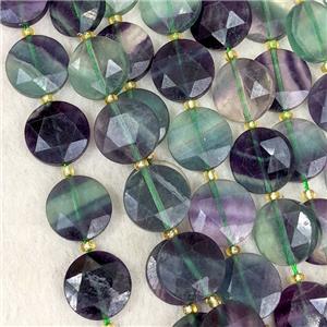 Natural Fluorite Coin Beads Faceted Multicolor, approx 15mm