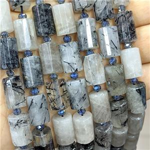 Natural Black Rutilated Quartz Tube Beads, approx 10-14mm