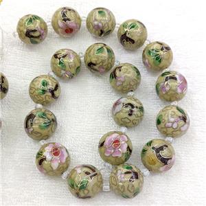 Olive Cloisonne Copper Round Beads Flower, approx 18mm dia