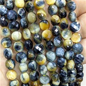 Yellow Blue Tiger Eye Stone Beads Dye Faceted Coin, approx 8mm