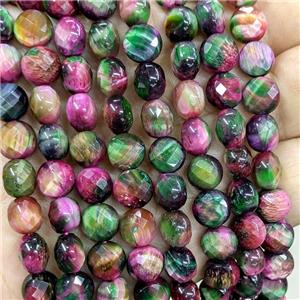 Tiger Eye Stone Beads Green Red Dye Faceted Coin, approx 8mm