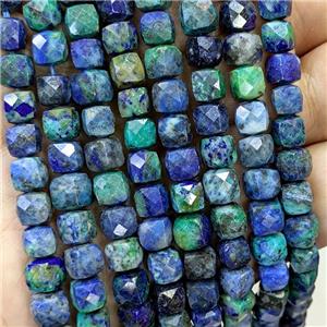 Natural Azurite Beads Blue Green Dye Faceted Cube, approx 6-8mm