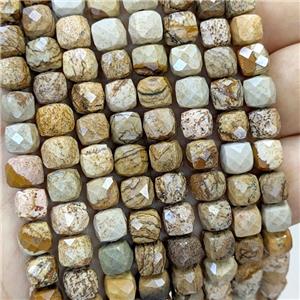 Natural Picture Jasper Beads Faceted Cube, approx 6-8mm