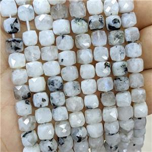 Natural White Moonstone Beads Blue Flash Faceted Cube B-Grade, approx 6-8mm