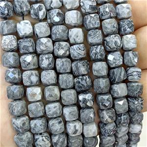 Natural Gray Map Jasper Beads Faceted Cube, approx 6-8mm
