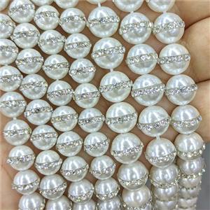 White Pearlized Shell Round Beads Pave Rhinestone, approx 10mm