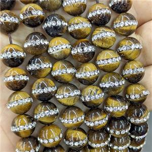 Natural Tiger Eye Stone Round Beads Pave Rhinestone, approx 10mm