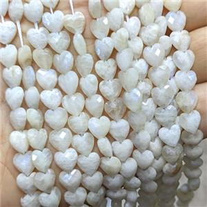 Natural White Moonstone Heart Beads Faceted Blue Flash, approx 8mm