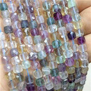 Natural Fluorite Beads Multicolor Faceted Cube, approx 6-7mm