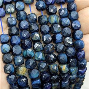 Natural Tiger Eye Beads Blue Dye Faceted Cube, approx 7-8mm
