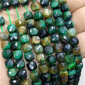 Natural Tiger Eye Beads Green Dye Faceted Cube, approx 7-8mm