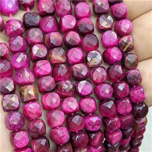 Natural Tiger Eye Beads Hotpink Dye Faceted Cube, approx 7-8mm