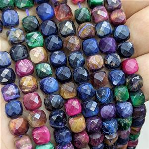 Natural Tiger Eye Beads Dye Faceted Cube Mixed Color, approx 7-8mm